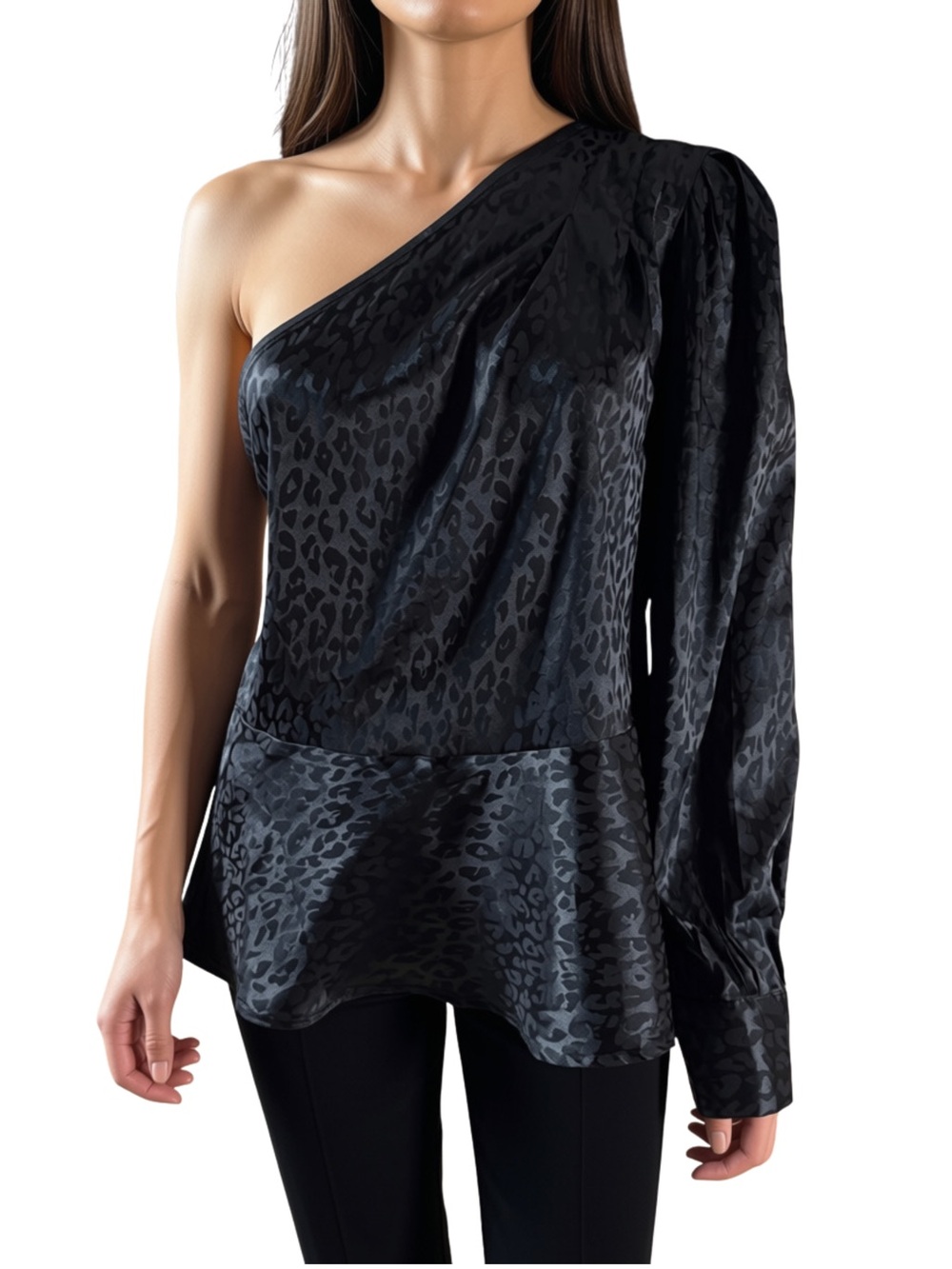 L LOVE One-Shoulder Black Satin Leopard-Print Top NWT Large